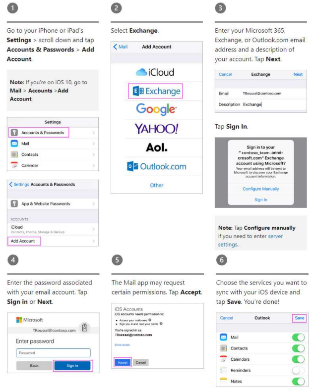 Steps to Set up a Microsoft 365, Exchange, or Outlook.com email in the iOS Mail app